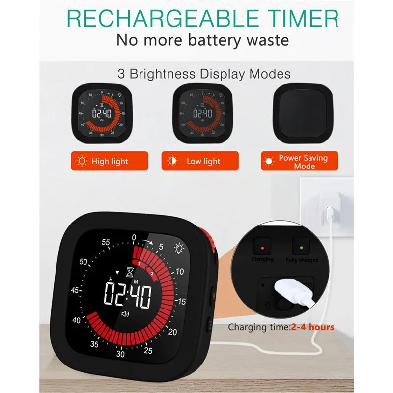 AY14 -Digital Visual Timer, Rechargeable Countdown Timer With Adjustable Volume & Brightness, Magnetic Back For Kitchen Timer