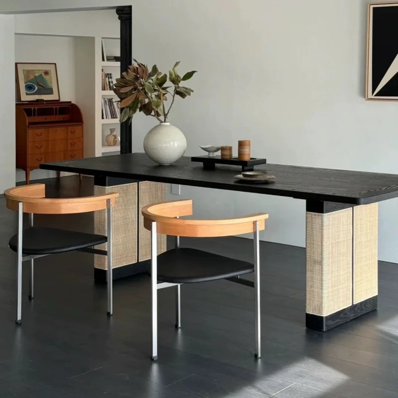 Wabi Sandy Wind Solid Wood Desk Ash Wood Charcoal Black Negotiation Long Table Desk Designer Home Dining Table and Chair