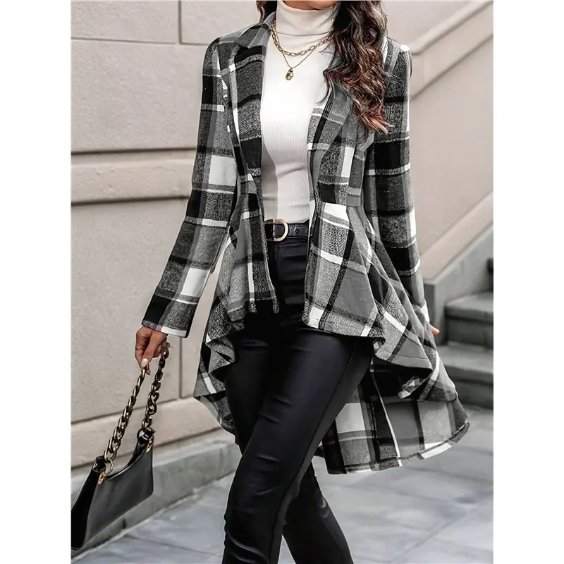 AEA7-Women Plaid Flowy Ruffle Hem Shacket Jacket Button Lapel Long Sleeve Cardigan Coat Babydoll Shirt Top