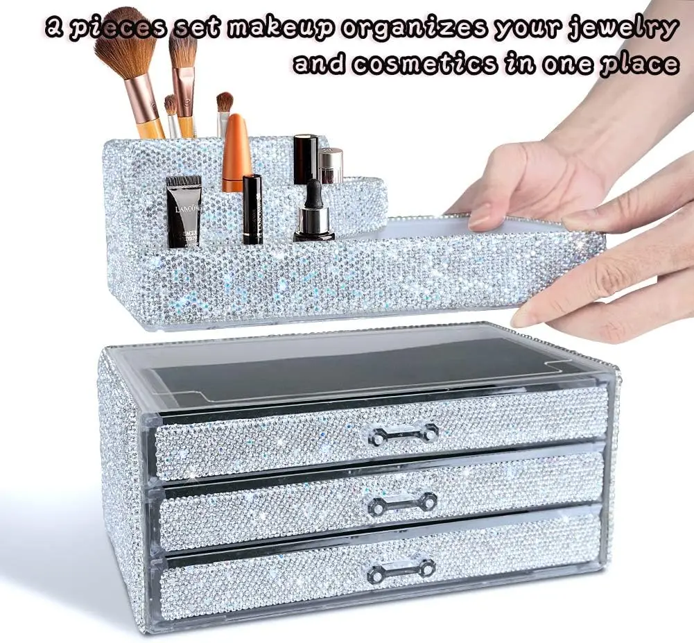 Makeup Organizers Drawer Bling Diamond,Countertop Jewelry Cosmetic Storage Display Boxes,Makeup Brush Holder