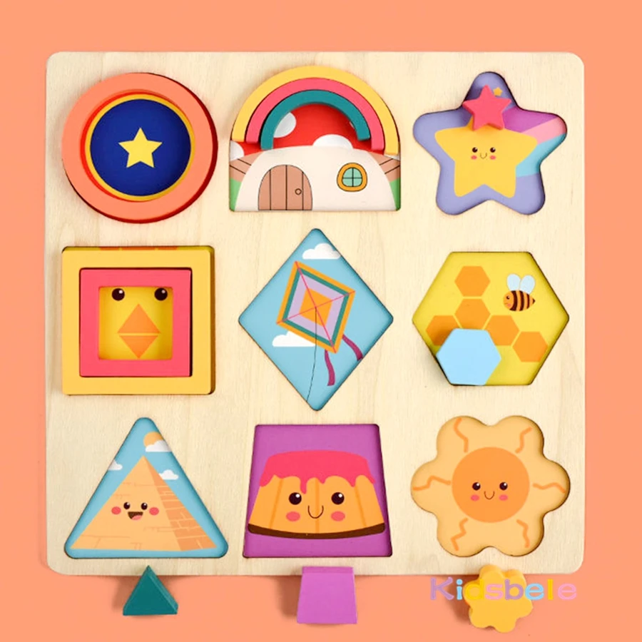 Children's DIY Montessori Geometric Shape Color Matching Toys Wooden 3D Jigsaw Puzzle Block for Boy Girl Christmas Birthday Gift