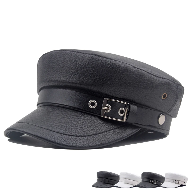 

Panama Women's Leather Flat Top Painter Hat Fashion Leather Buckle Duck Tongue Navy Beret Autumn and Winter Windproof Caps H138