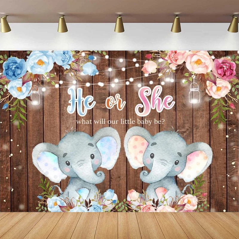 

Elephant Gender Reveal Photography Backdrop He Or She Pink Or Blue Boy Or Girl Floral Rustic Wood Floor Baby Shower Background