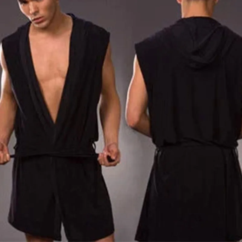 Men Summer Bathrobe Silky Hooded Sleeveless Bathrobe Sleepwear Pajamas Without underwear