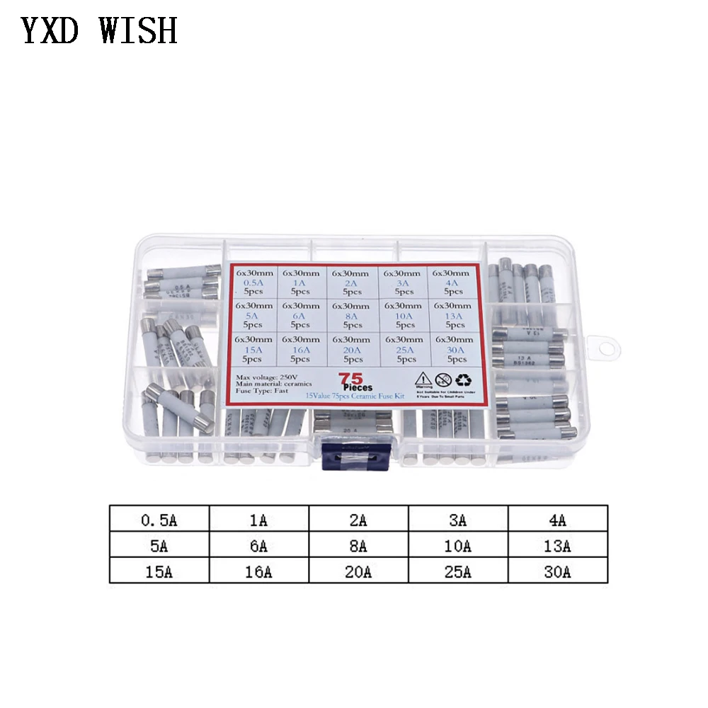 75pcs Fast Blow Ceramic Fuse Assortment Kit 0.5A 1A 2A 3A 4A 5A 6A 8A 10A 13A 15A 16A 20A 25A 30A Fuse 6mm x 25mm 250V Fuses