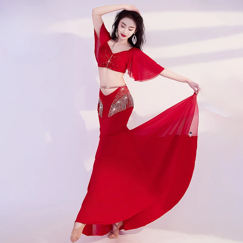 BellyDance Costume Set for Women's Advanced AB Stones Tassel Crystal Cotton Set for Adult Women Oriental Dance Practice Clothes