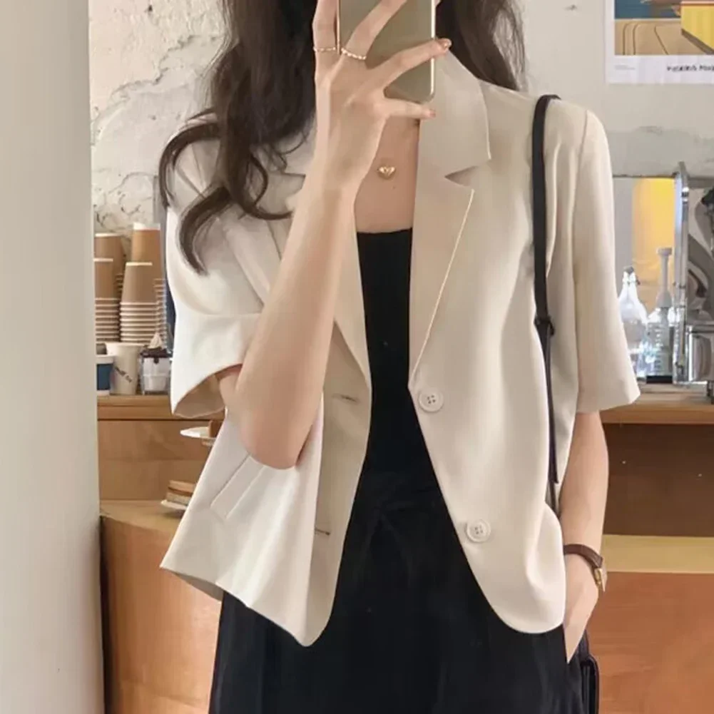 Summer Blazers Classic Women Simple Leisure Loose Korean Style Youth Single Breasted Slight Strech Comfortable Solid Color Tops