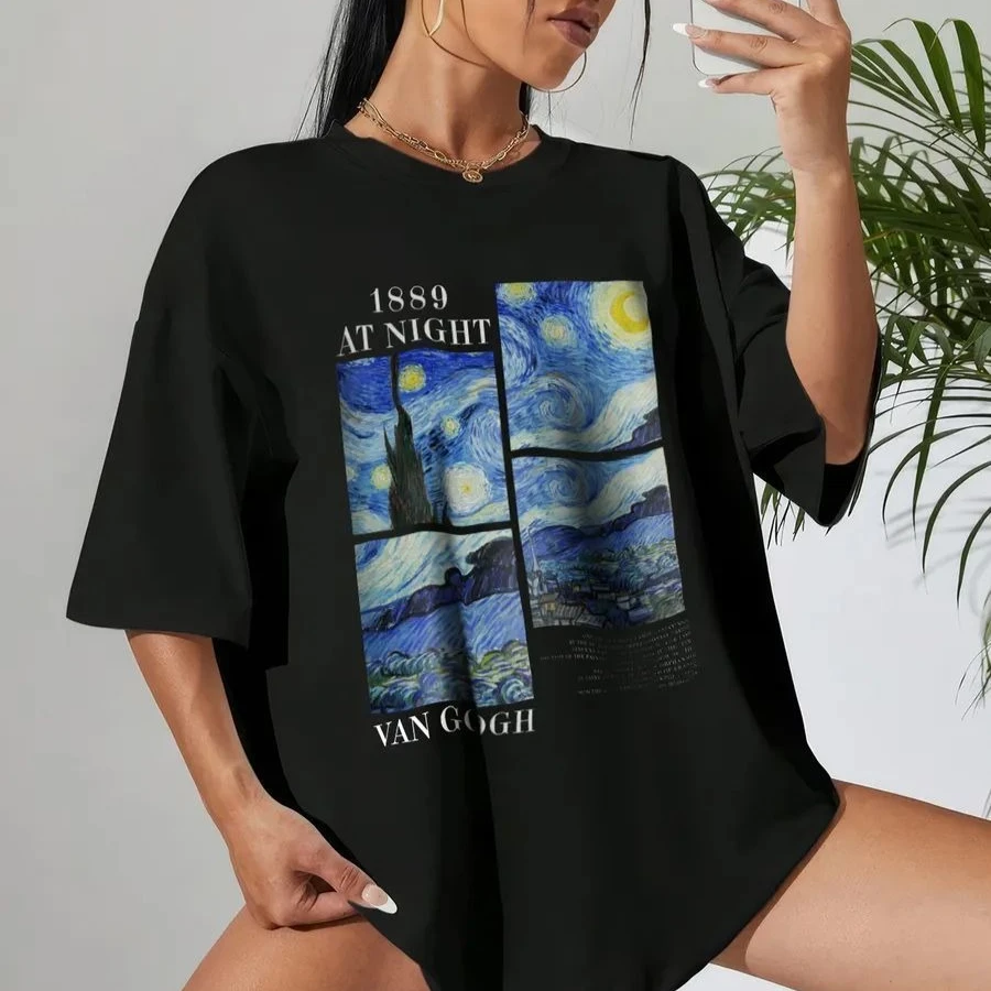 European Trendy Black Cotton Oversized T-Shirt - Van Gogh 1889 