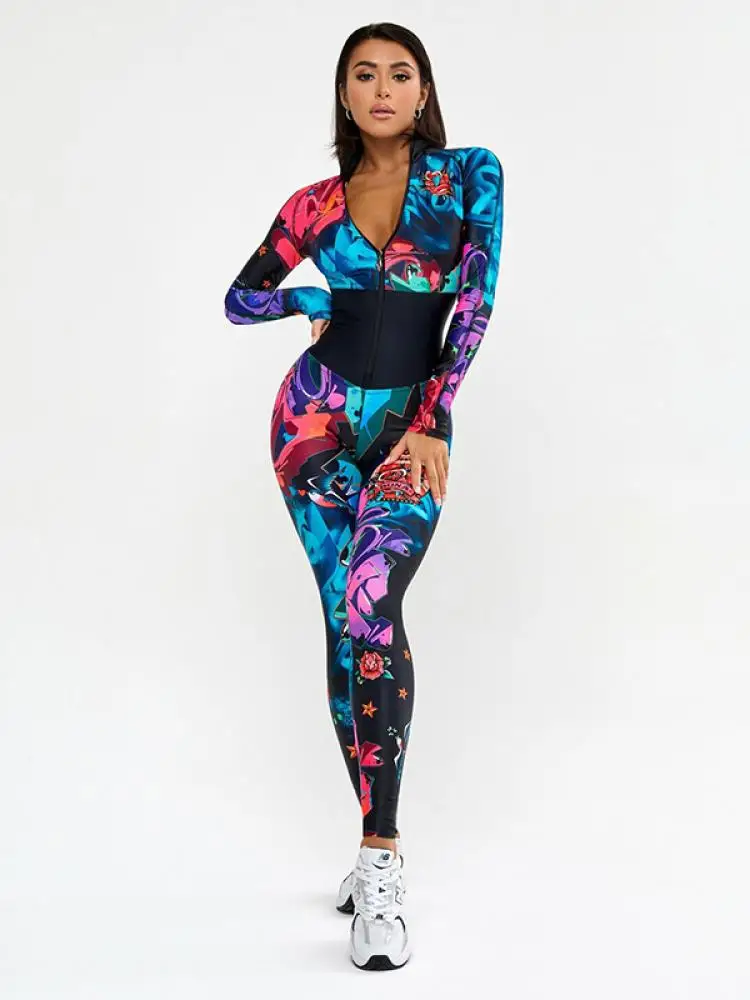 

Gymdolphins 2024 New Printed Sports Jumpsuit for Women Skinny High Waist Zippered Long Sleeves One-piece Suit Fitness Jumpsuits