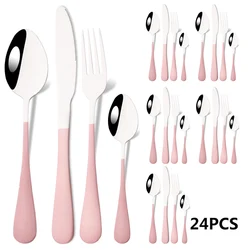 6People Pink Silver Cutlery Set Stainless Steel Tableware Knife Fork Coffee Spoon Dinner Dinnerware Kitchen Mirror Flatware Set