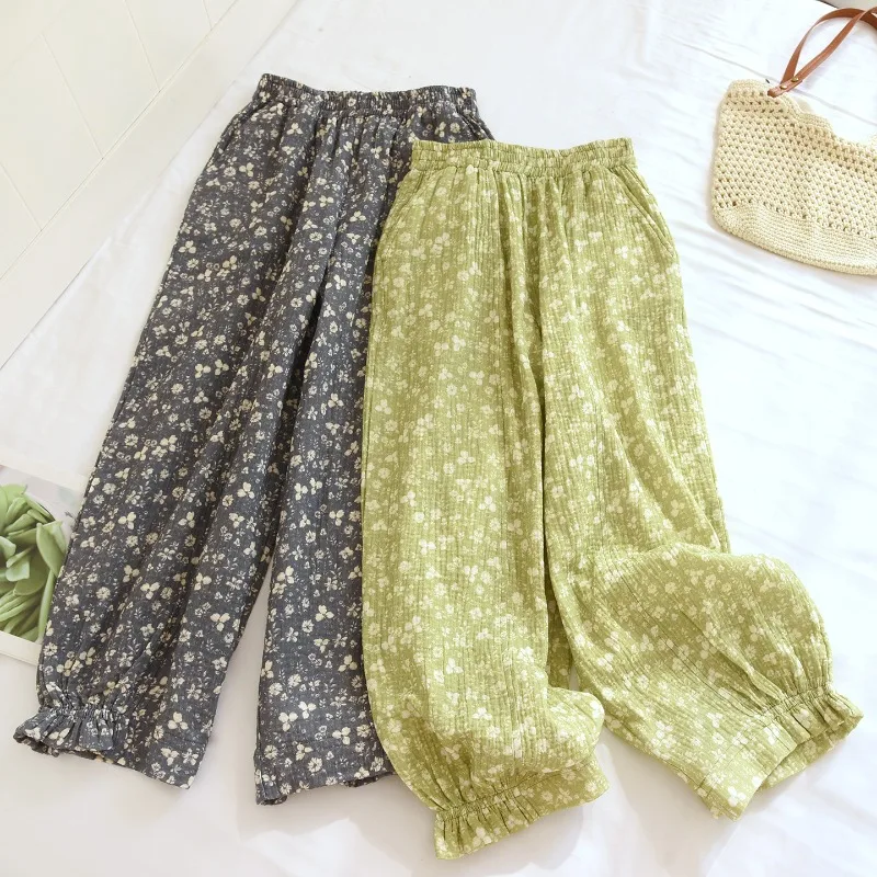 Soft Cotton Floral Pajama Bottoms Women Elastic Waist Ruffle Ankle Loungewear Fresh Small Flower Harem Pants Home Casual