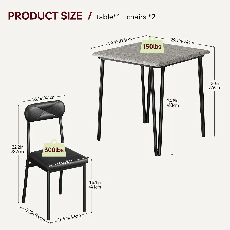 3-Piece Kitchen Dining Room Table Set: Square Dining Table and Upholstered Chairs in Gray, Modern Space-Saving Dinette for Apar