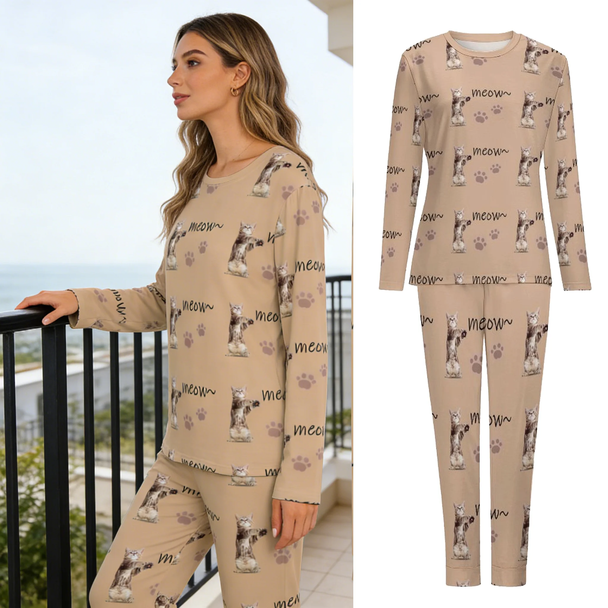 Custom Crew Neck Pajama Set Personalized Images and Text Gifts Couples Spouses Friends Pets Family