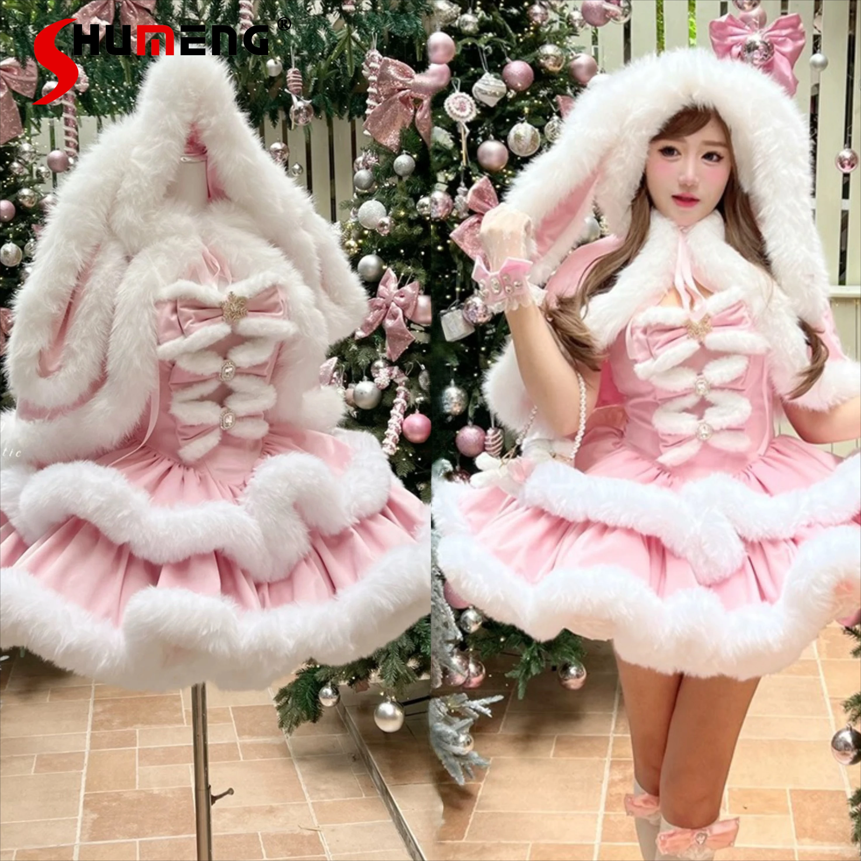 

2025 New Woman's Winter Plush Warm Pink Lolita Dresses Cape Set Christmas New Year Dress Girls Rabbit Ears Y2k Hooded Cloak