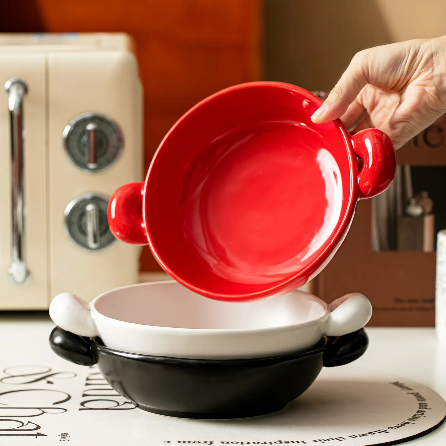 Nordic Ink Ceramic Ear Bowl Household Rice Noodle Soup Salad Bowl Table Decoration Breakfast Yogurt Bowl Splash Tableware