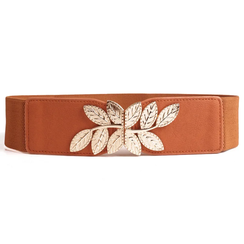 Women Tree Leaf Pattern Belt Creative Fashion Buckle Wide Elastic Stretch Alloy Decorative Waist Seal Elegant 70-85cm Red Dress