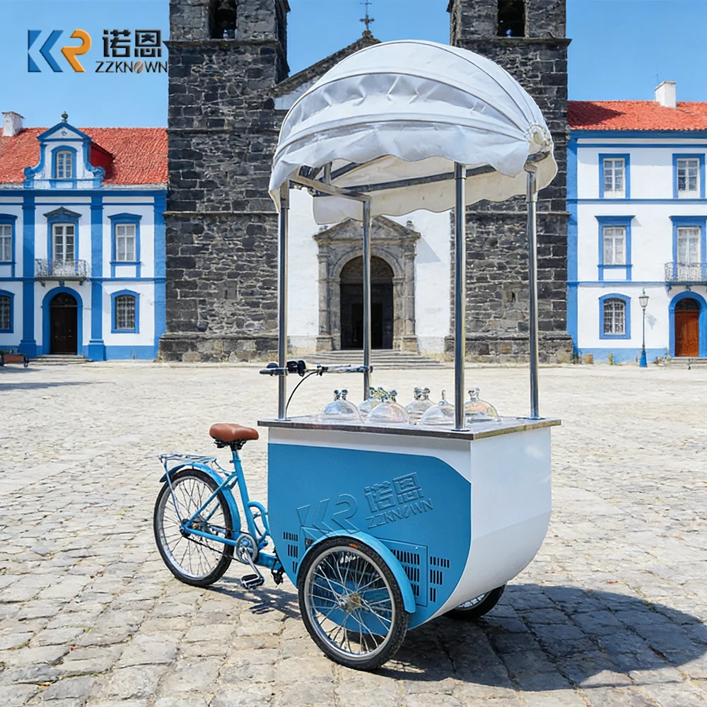 

Modern Portable Food Cart Urban Mobile Dessert Beverage Snack Kiosk Luxury Tricycle Ice Cream Cart For Festival Display