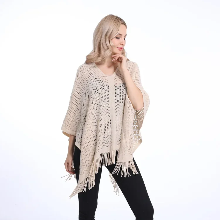 Spring Autumn New Double-layer Irregular Shawl Hollowed Out Tassel Lattice Cloak Versatile Loose Pullover Poncho Beige