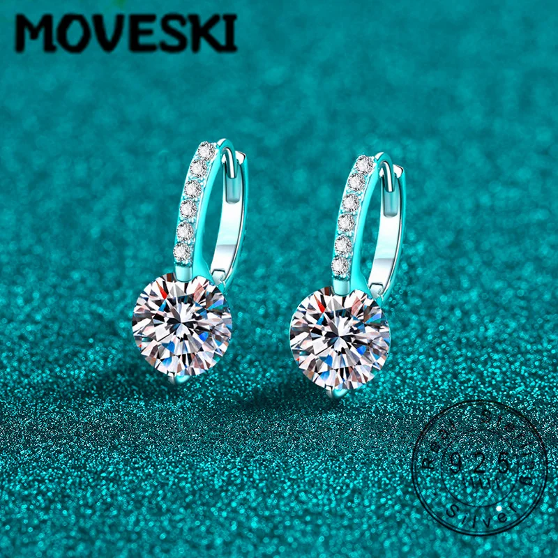 

925 Sterling Silver Moissanite Huggie Hoop Earrings | Round Cut Paved Moissanite Drop Earrings for Women