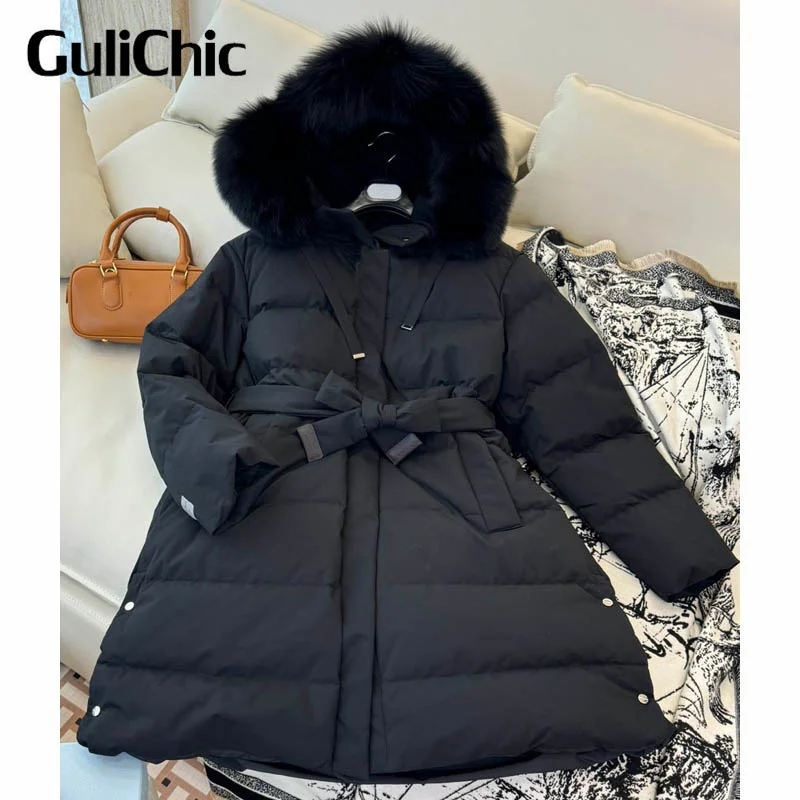 9.24 GuliChic Mid-length Hooded Down Jacket Women Fluffy Warm 90% White Goose Down Parkas Winter Puffer Coats With Belt