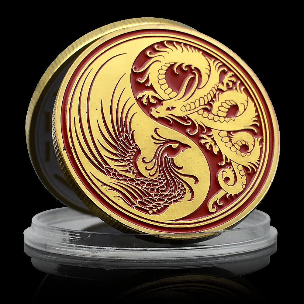 Chinese Dragon and Phoenix Coin Ancient Tai Chi Eight Trigrams Array Coins Collectibles Desktop Metal Ornament Mainland China