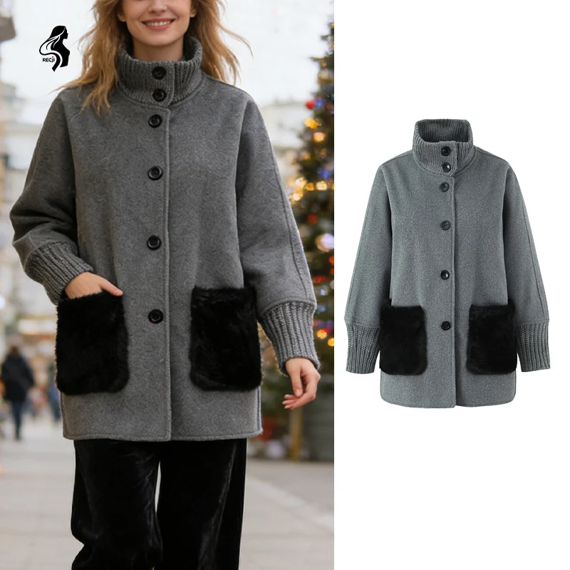 Women Stand Collar Mid Length Coat With Single Breasted Fluffy Pockets Elegant Autumn And Winter Commuter Overcoat Woman Clothes