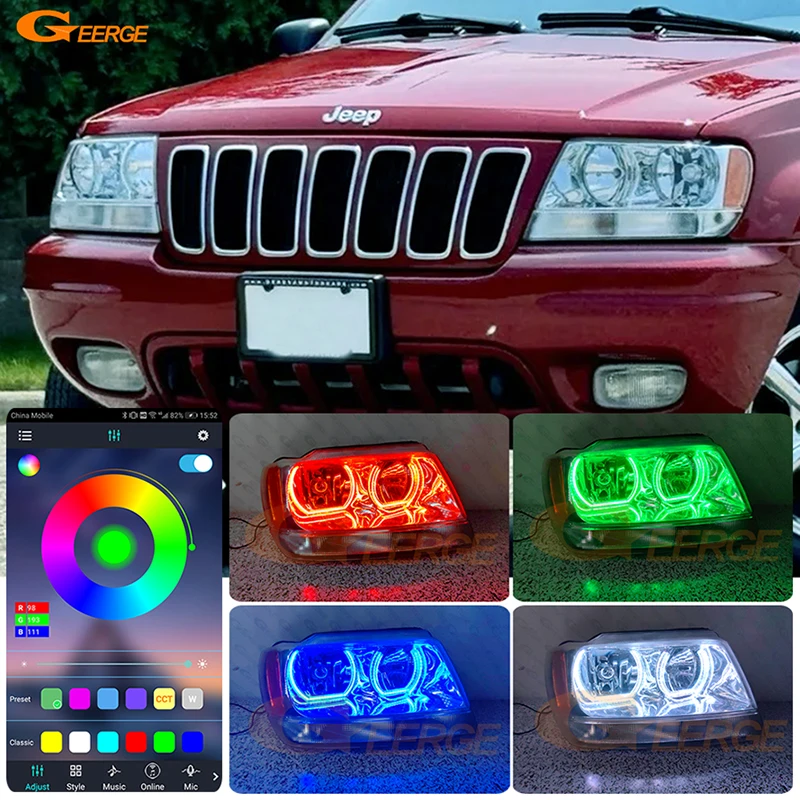 For Jeep Grand Cherokee WJ WG 1999 - 2002 2003 2004 Day Light Bluetooth App Multi Color DTM Style RGB LED Angel Eyes Halo Rings
