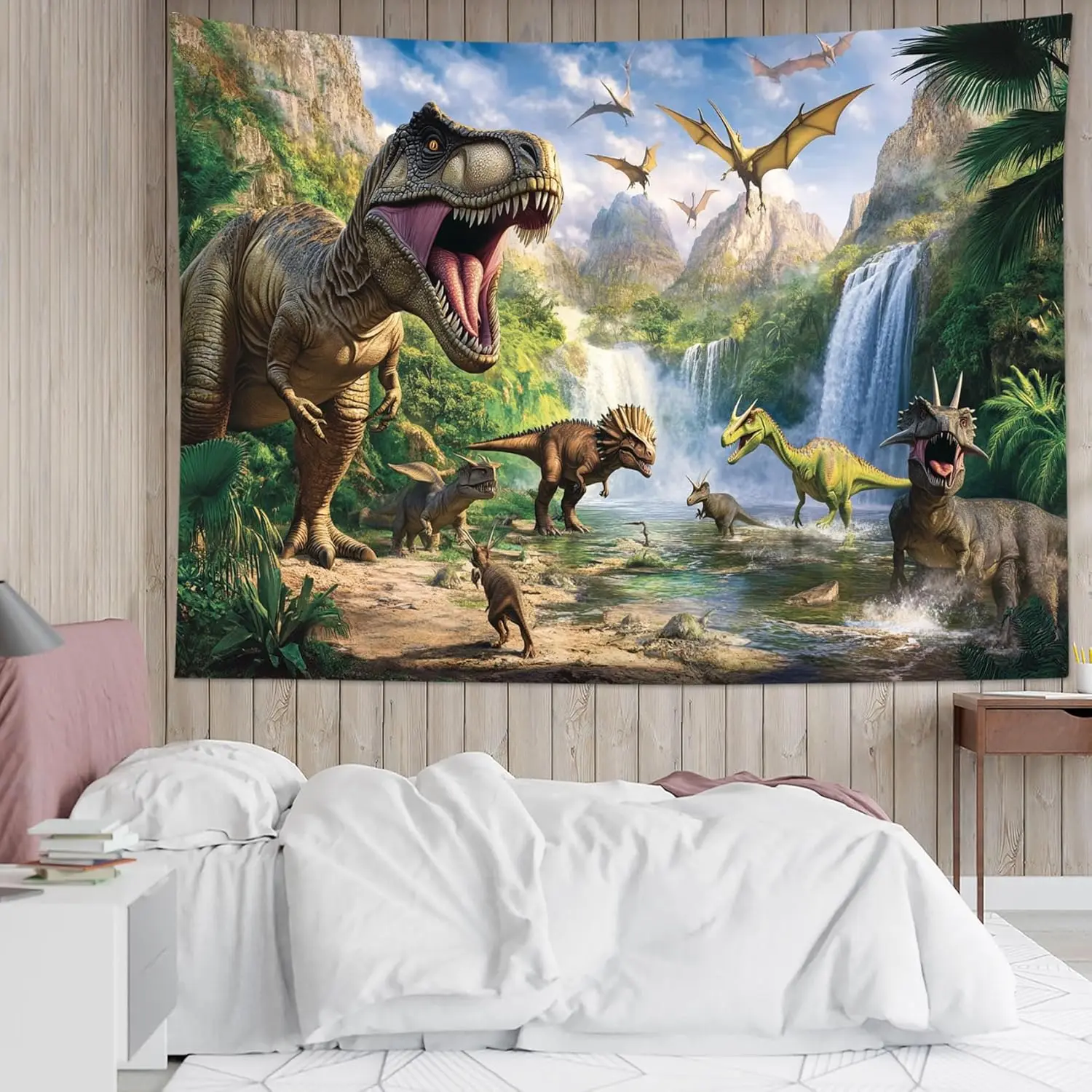 Dinosaur Forest Tapestry Waterfall Mountain Landscape Wall Art Wild Animal Decor for Teen Bedroom Living Room Party