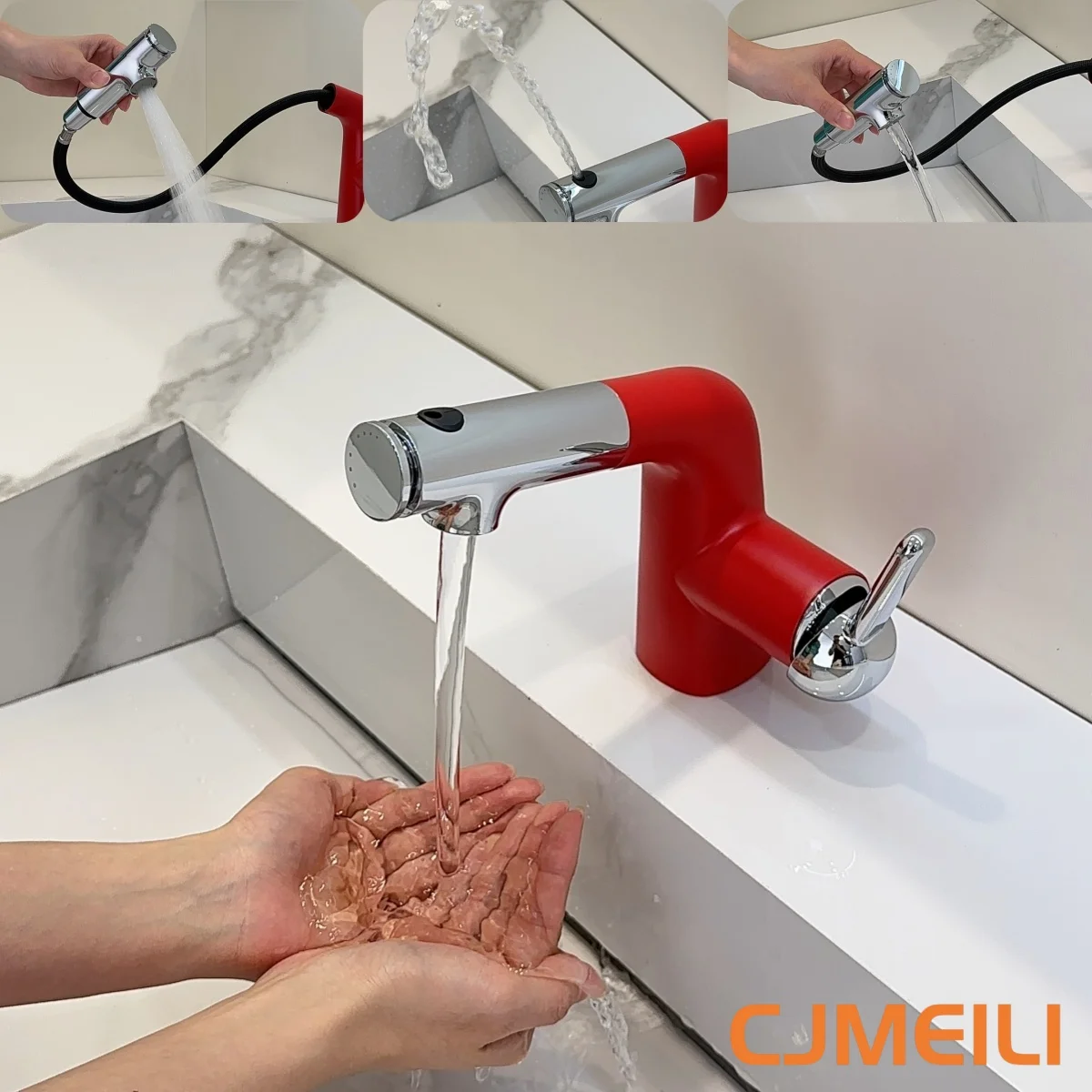 3 Functions Pull-out Bathroom Sink Mixer, Flexible Faucet for Basin, Red/Multi Color