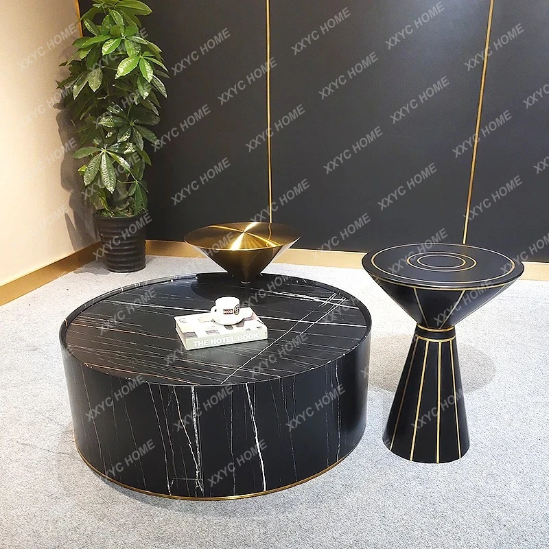 LLight luxury stainless steel high and low combination tea table Modern simple living room  small apartment Marble coffee table