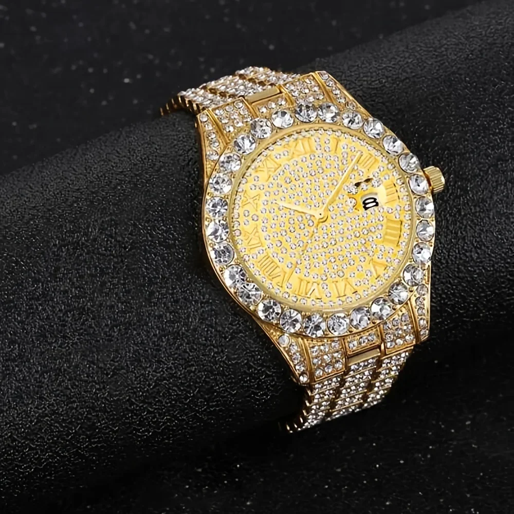 2pcs/set, Rhinestone Studded Calendar Ladies Quartz Watch And 1pc Rhinestone Jewelry Set