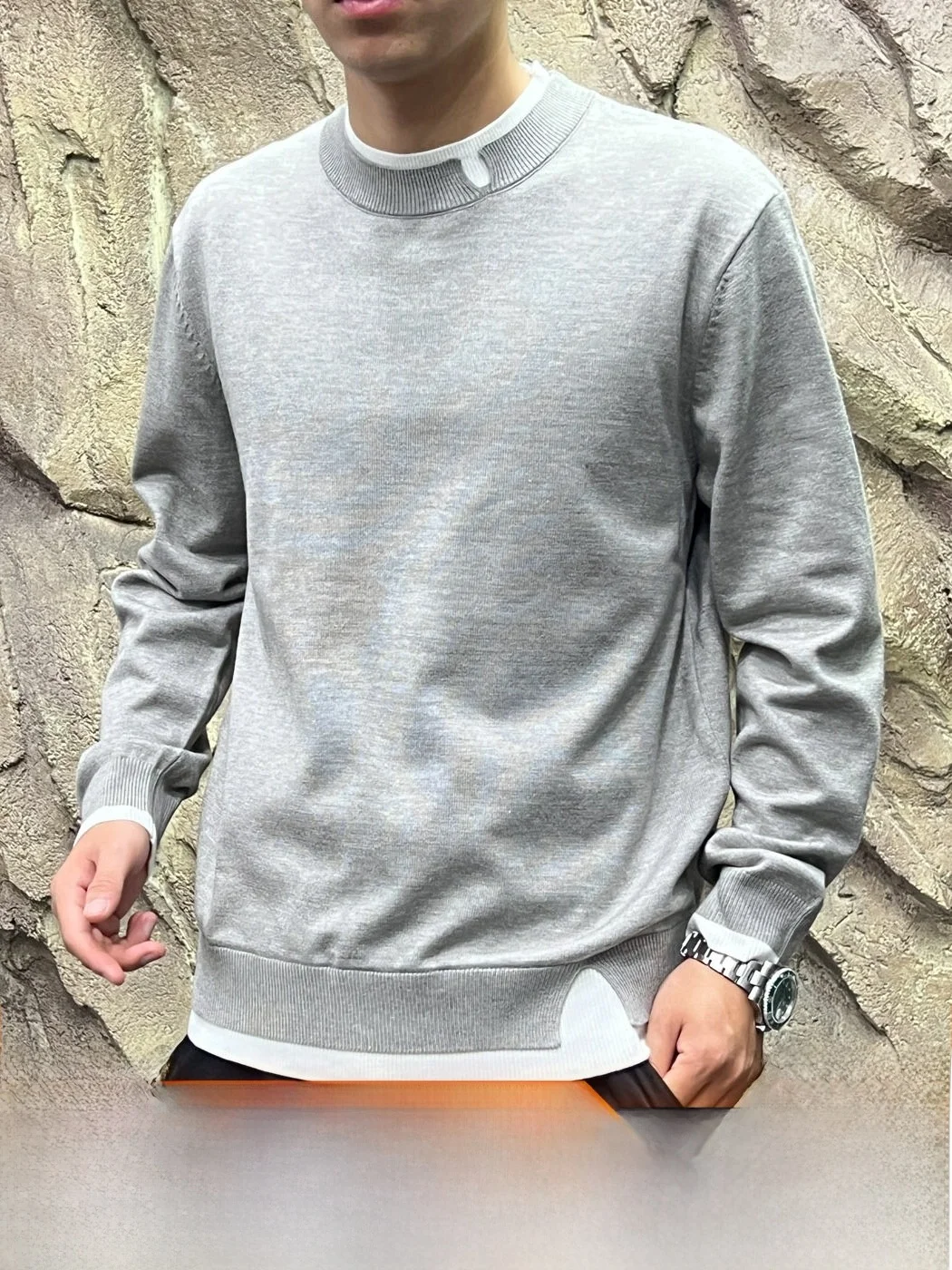  Knitted round Neck Base Shirt Men's Fashionable Autumn Winter Long Sleeve Breathable Comfortable Fit Outfit Combo