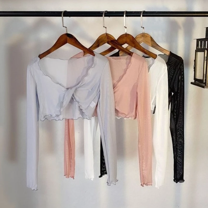 

Современный латинский балетный трико с эластичной сеткой, кружевной укороченный топ, белый, черный, серый, с оборками, дизайнерская танцевальная одежда Y2k, белый, черный, розовый кардиган