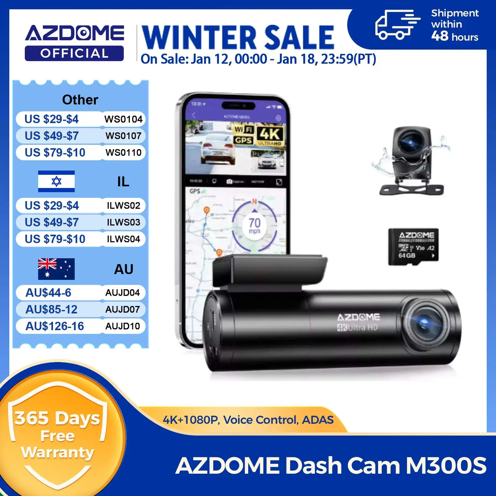 AZDOME M300S 4K Dash Cam anteriore e posteriore, telecamera da cruscotto GPS WiFi ADAS integrata per auto, scheda da 64 GB gratuita, controllo vocale, visio notturno