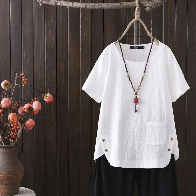 

Casual Simplicity Split Hem T Shirts Summer New Short Sleeve Loose Solid Color Plus Size Tops Tees Vintage Fashion Women Clothes