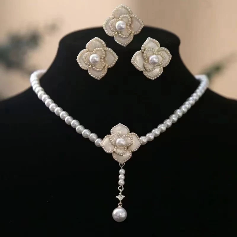 Pearl Flower Jewelry Set Women Sweet Elegant Pearl Necklace Earrings Ring Sweet Choker Fashion Wedding Jewelry