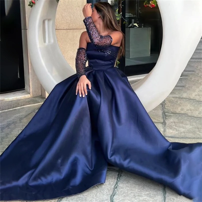 

Nersesyan Sexy Dark Blue Formal Evening Dresses Glitter Sequined Satin Back Lace Up Prom Gowns Strapless A Line 2023 Party Gown