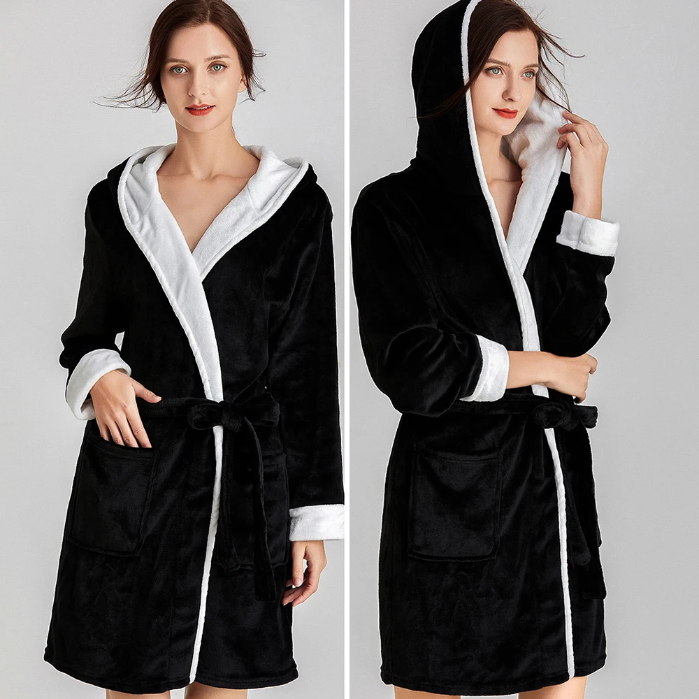 Thickened Flannel Female Hooded Robe Nightwear Winter Warm Sleepwear Nightgown Coral Fleece Bathrobe Gown Loose Casual Home Wear