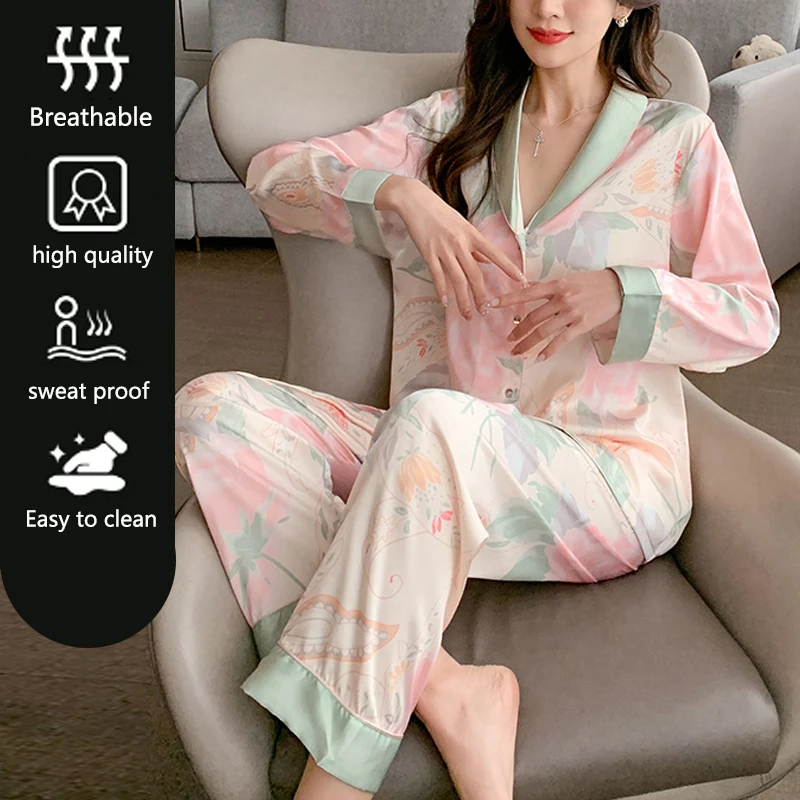 Two-Piece Pajama Set Ladies Cardigan Home Wear Floral Pattern Long Sleeve Fancy Underwear Sexy Nightwear Women Sleepwear Girl