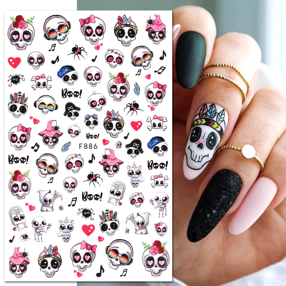 Cute Halloween Nail Design Sticker Pink Cartoon Skull Pumpkin Spooky 3D Punk Holiday Manicure Slider Nail Art Accessories KEF886