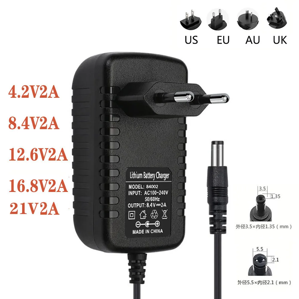 LAIMAIECO 4.2V 8.4V 12.6V 16.8V 2A 21V 25.2V 29.4V 1A Red Charging for Lithium Battery Charger  DC 5.5mm / 3.5mm EU US Plug