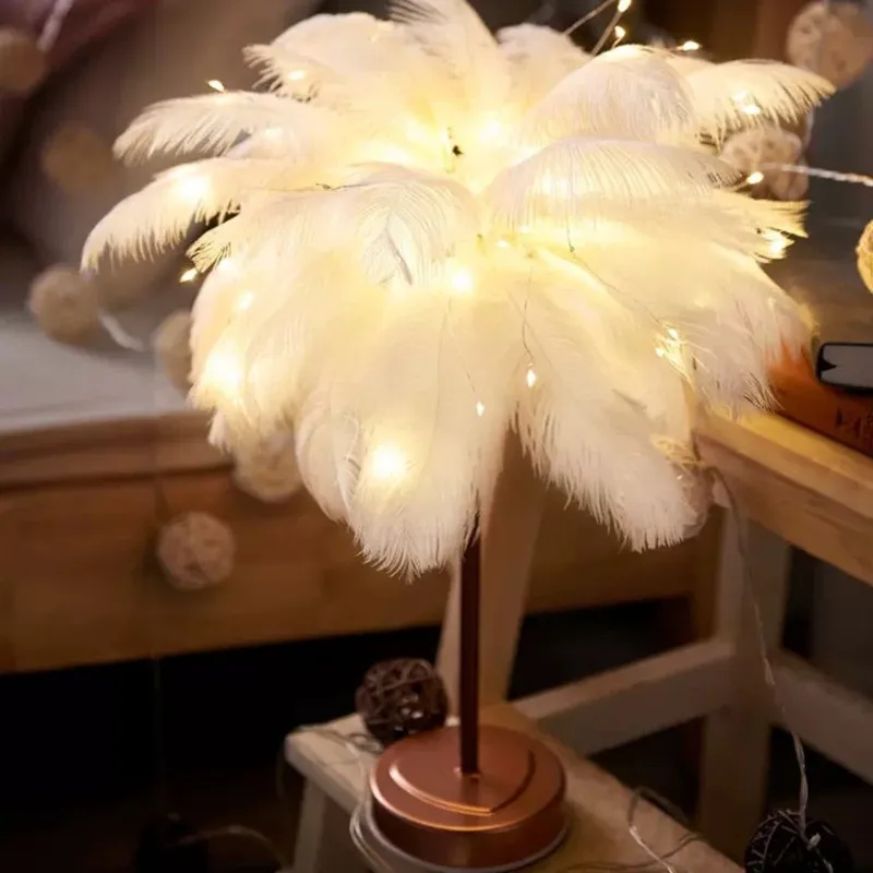 Feather Table Lamp Bedroom Girls Night Light Creative Simple Modern Wedding Room Warm Decor Light