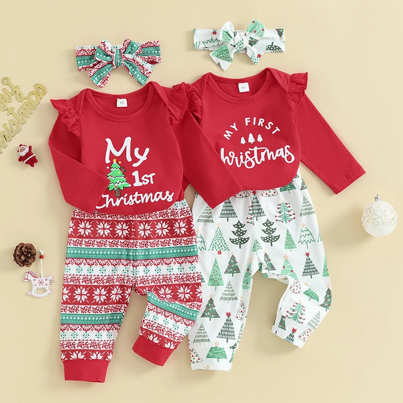 

0-18M Infant Baby Girls Christmas Outfits Long Sleeve Romper with Tree/Snowflake Print Pants Headband Set Newborn Clothes