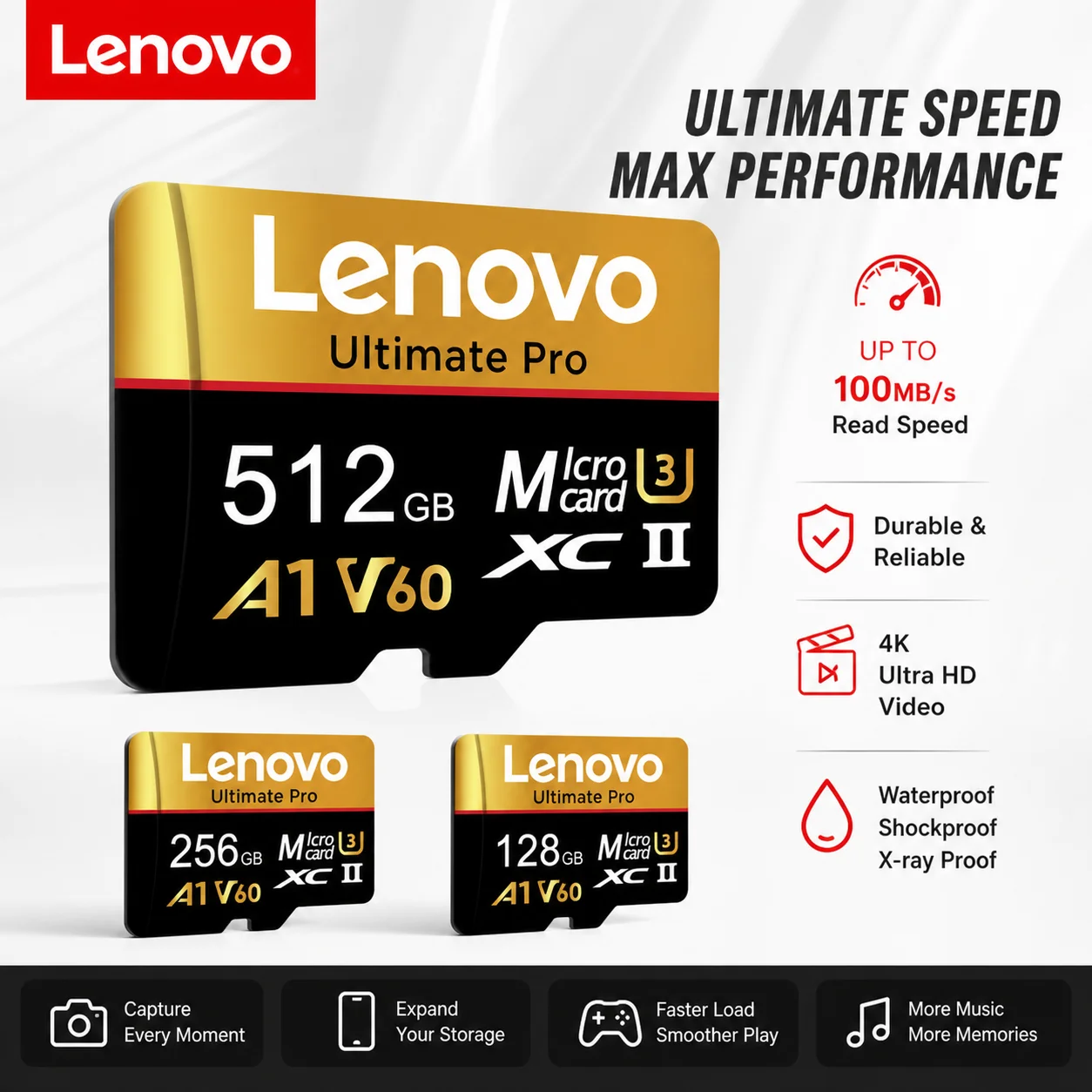 Lenovo High Speed Micro TF SD Card TF Flash Card Memory Card 128GB 256GB 512GB A2 V30 4K Full HD For GoPro Action Camera Switch