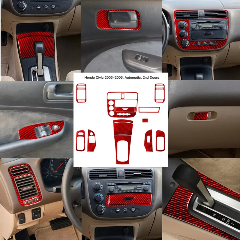 Stiker serat karbon merah Interior mobil, aksesori otomotif dekorasi Interior mobil untuk Honda Civic 2003 2004 2005