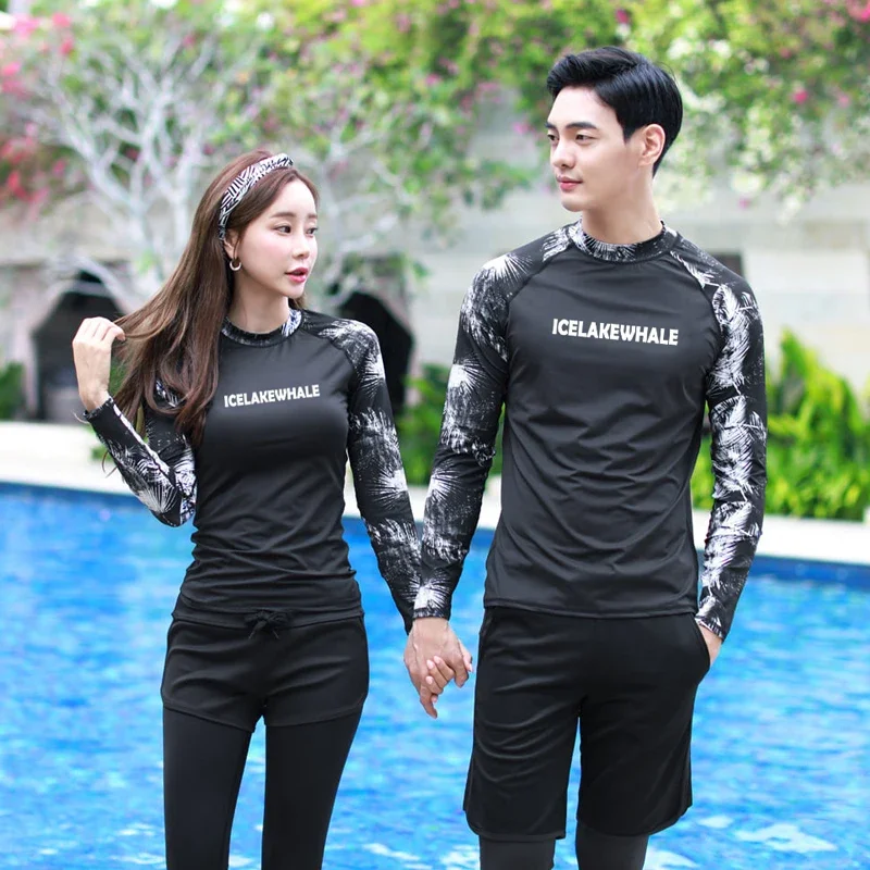 Plus Size Women Men's Rash Guards Spilt Sports Swimsuit Long Sleeve 2024 Korean Sun Protector Long Sleeve Print Surfing Swimwear