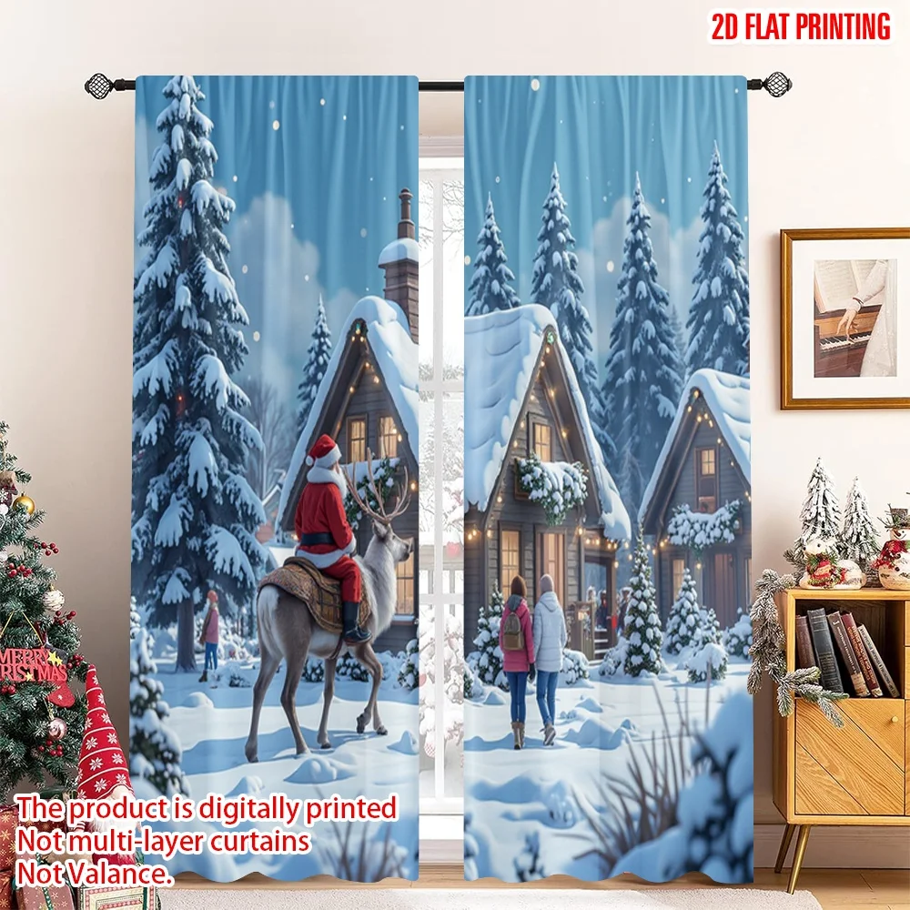 

2pcs 2D flat printing Christmas Scene Curtain Christmas Scene Santa Reindeer Village Polyester Without Electricity Birthday