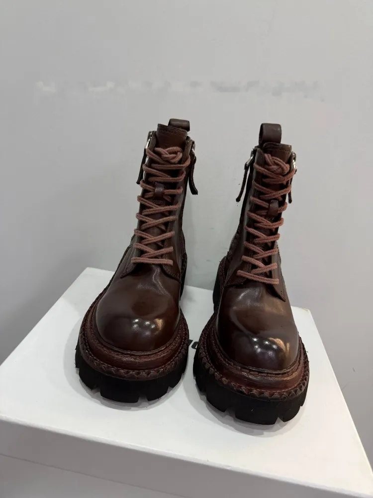Women Zipper Horsehide Thick Platform Comfortable Height Increase Genuine Leather Ankle Boots Round Toe Handmade Knight Footwear