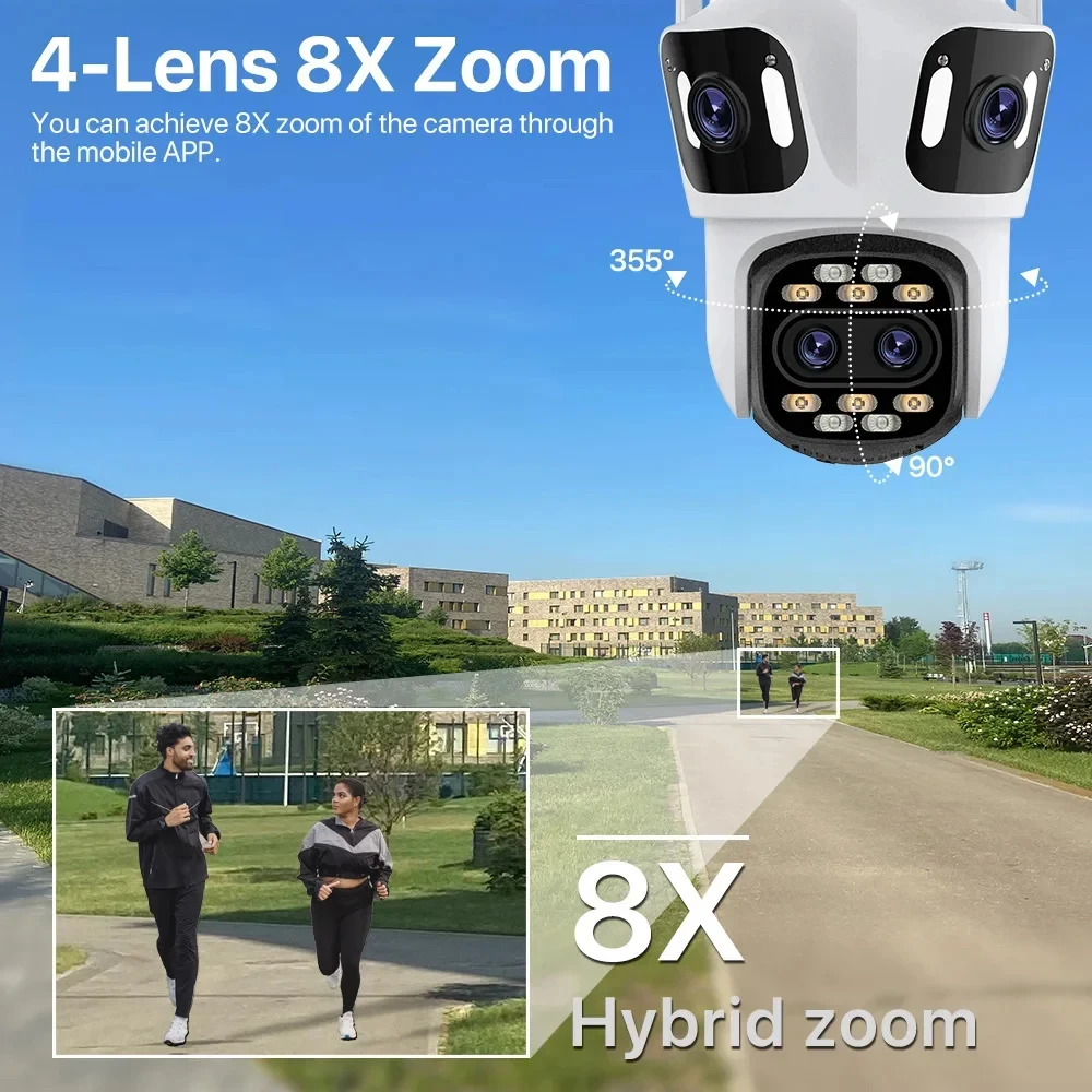 16MP Wifi Camera Outdoor PTZ 4 Lens 4 Screen 8X Zoom AI Auto Tracking Two-Way Audio  Bluetooth Security Camera iCSee APP