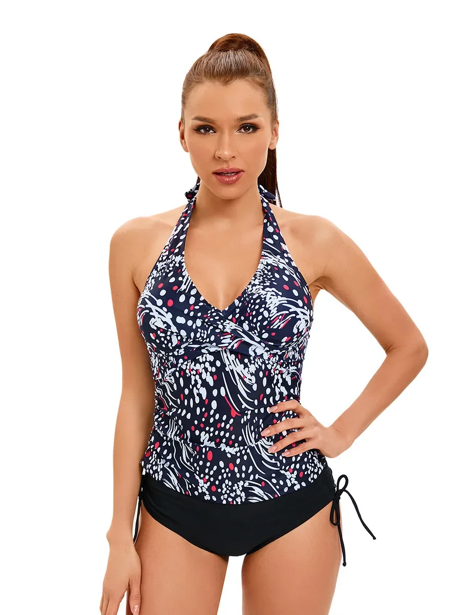 Bikini Set Donna Blu Stampa Costume da bagno in 2 pezzi Sexy Vita alta Tankini Reggicalze Backless Beach Costumi da bagno Costume da bagno 2025 Nuovo